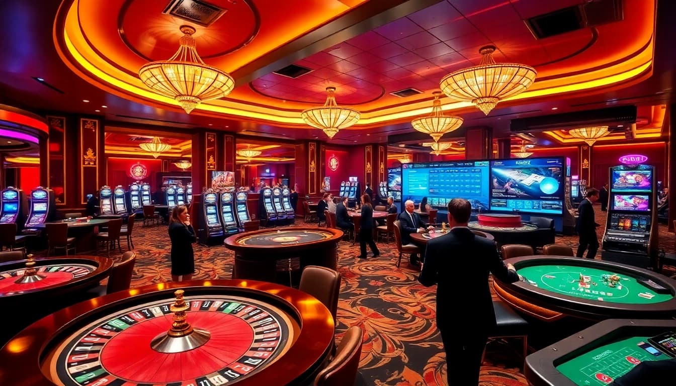 Exciting i9bet gaming experience with players at roulette tables and slot machines.
