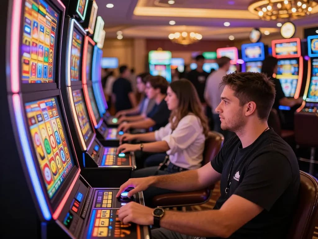 Players enjoying the 5679 slot machines, showcasing excitement with colorful reels.
