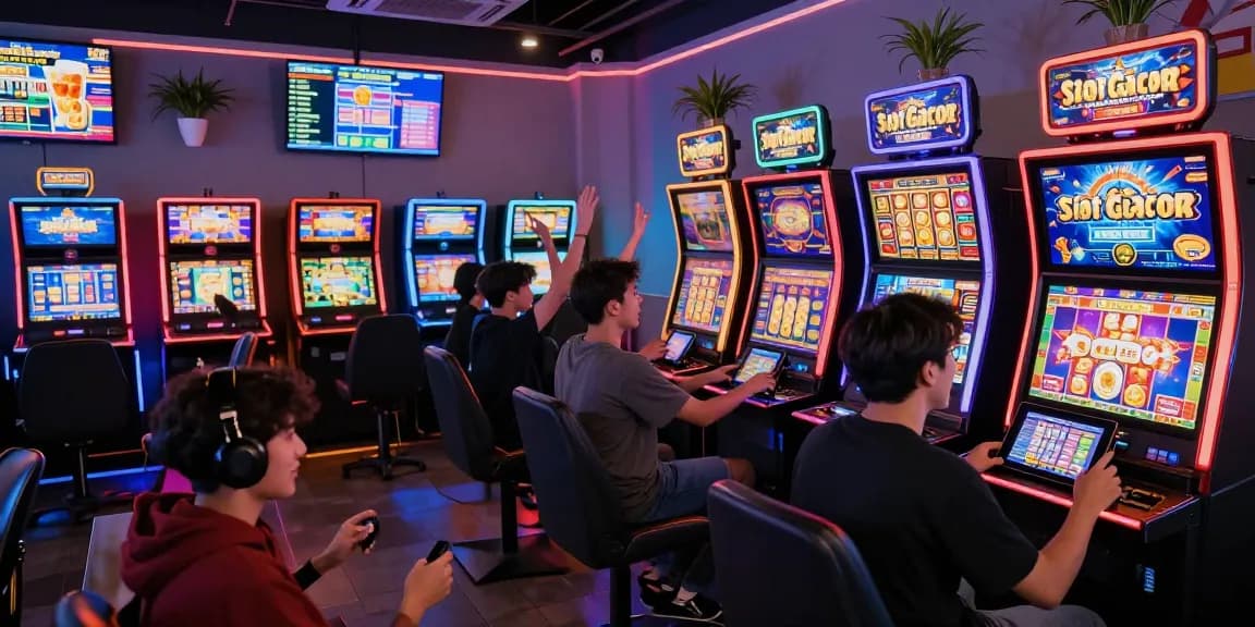 Pemain yang bersemangat menikmati Slot Gacor di lounge permainan yang cerah dengan tampilan interaktif dan mesin slot berwarna-warni.