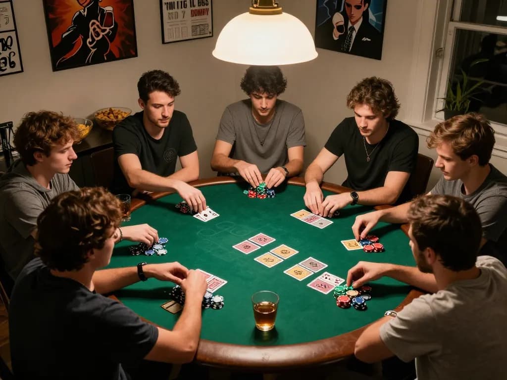 Friends enjoy poker in a cozy home setting, showcasing Nk88 chính thức gaming strategies and excitement.