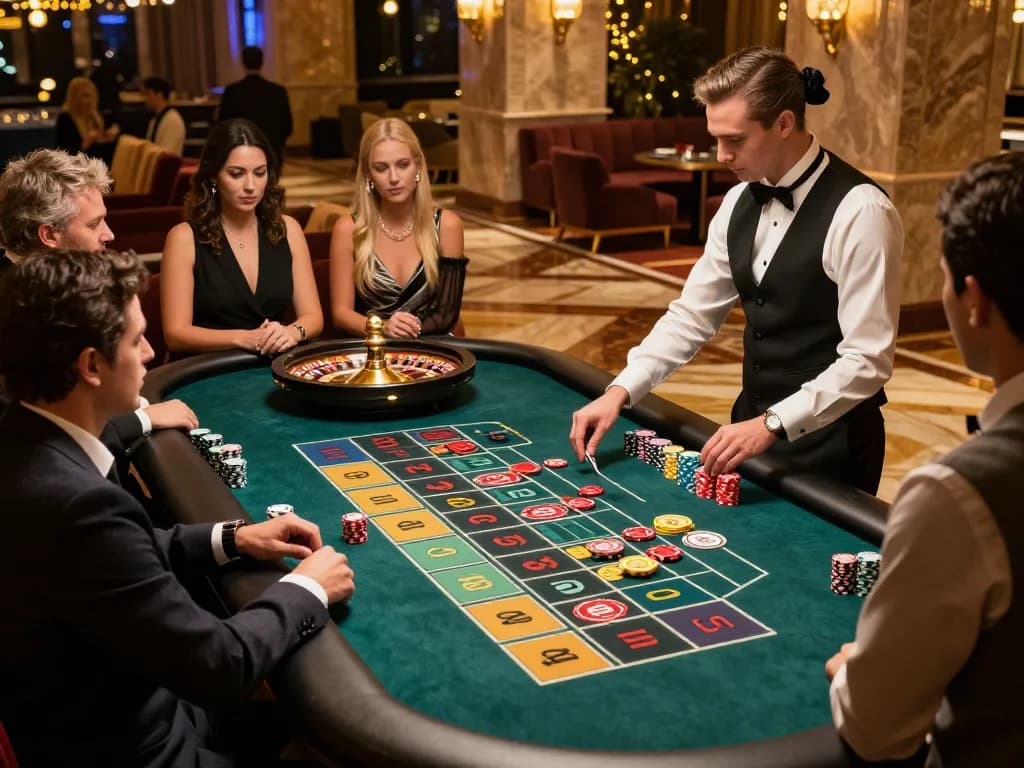 Experience excitement at the roulette table as players engage with ytr88 in a luxurious casino setting.