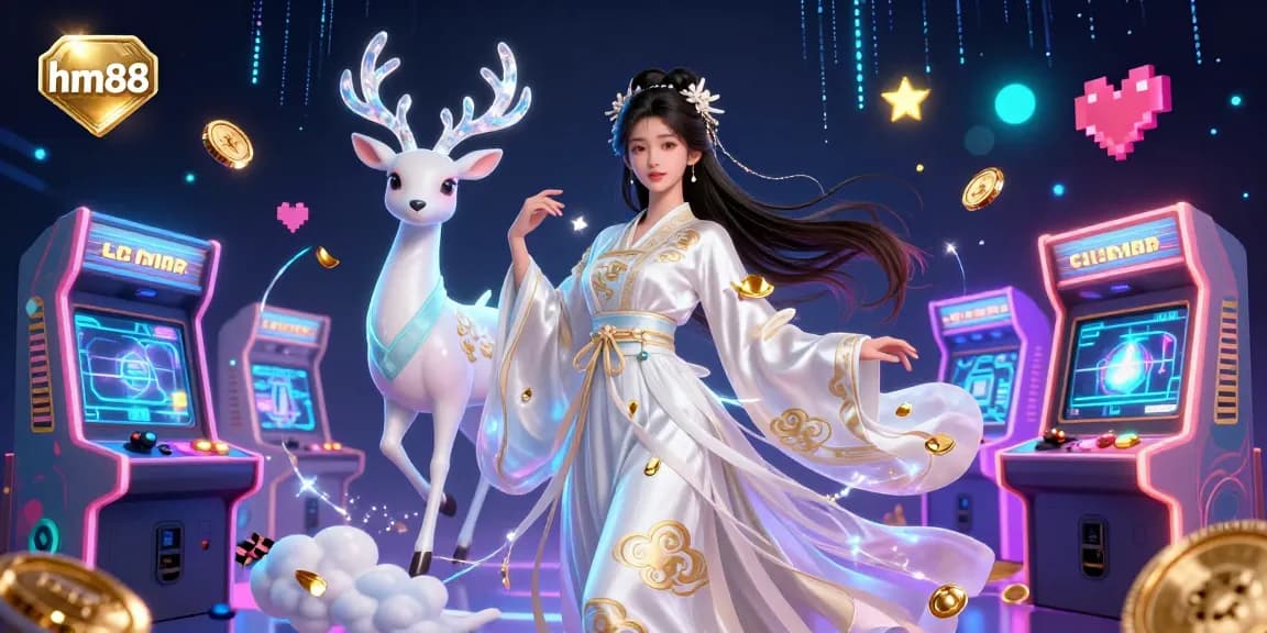 Engage with the immersive gaming experience at hm88, featuring a stunning 3D illustration of festive gaming elements and characters.