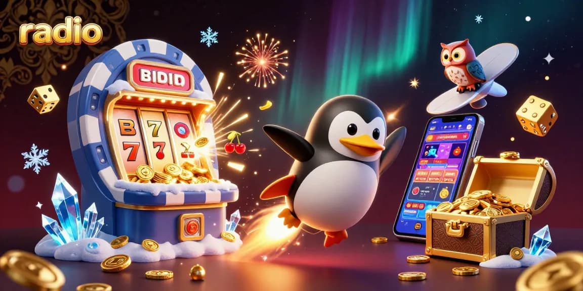 Engage with radio-themed casino fun featuring a golden penguin and vibrant games.