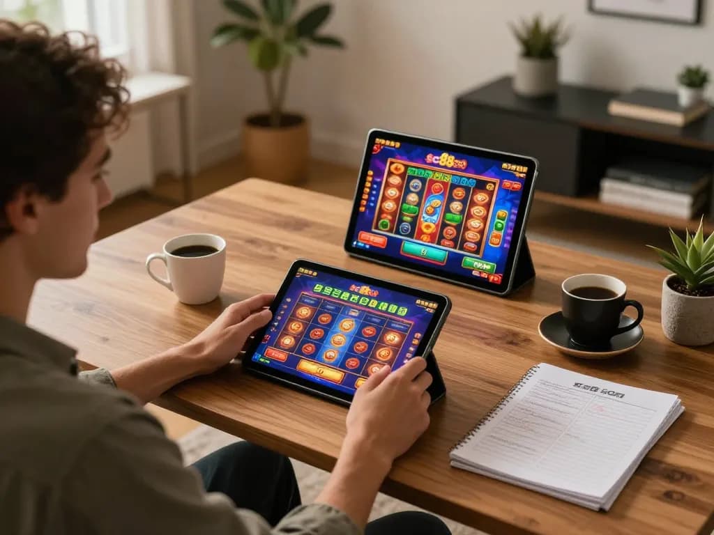 Engaged player enjoying sc88 COM on a tablet, surrounded by coffee and strategy notes.