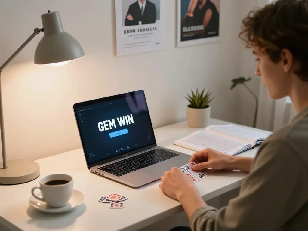 Engaged in GEM WIN poker gameplay, analyzing strategy notes at a modern home desk