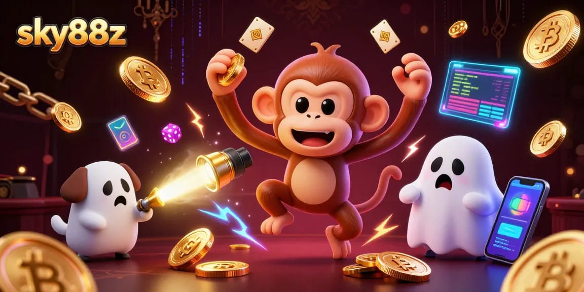 Track the mischievous sky88z poltergeist monkey in a haunted casino with golden coins.