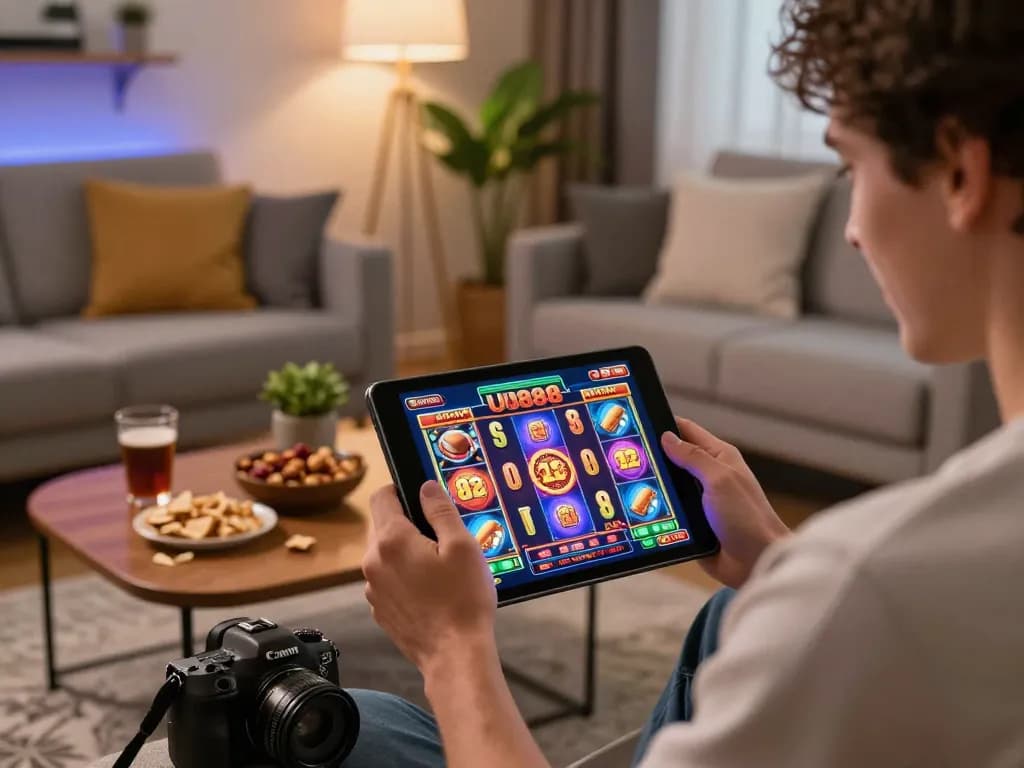 Excited player engages with U888 slot game on a tablet in a cozy home setting, emphasizing immersive gameplay.
