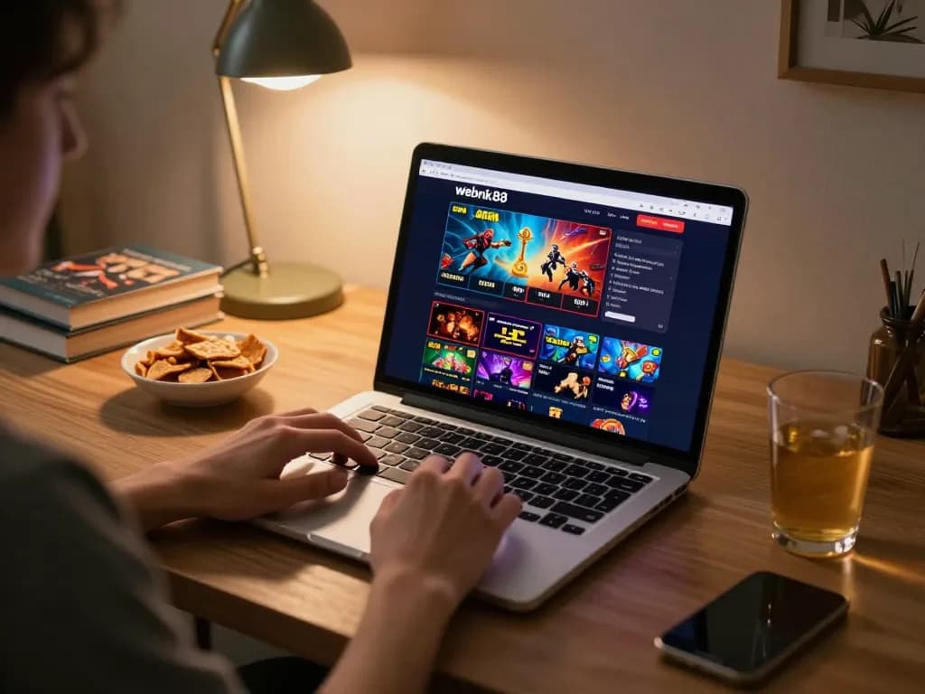 An engaging gaming session on webnk88 showing a laptop with online casino interface