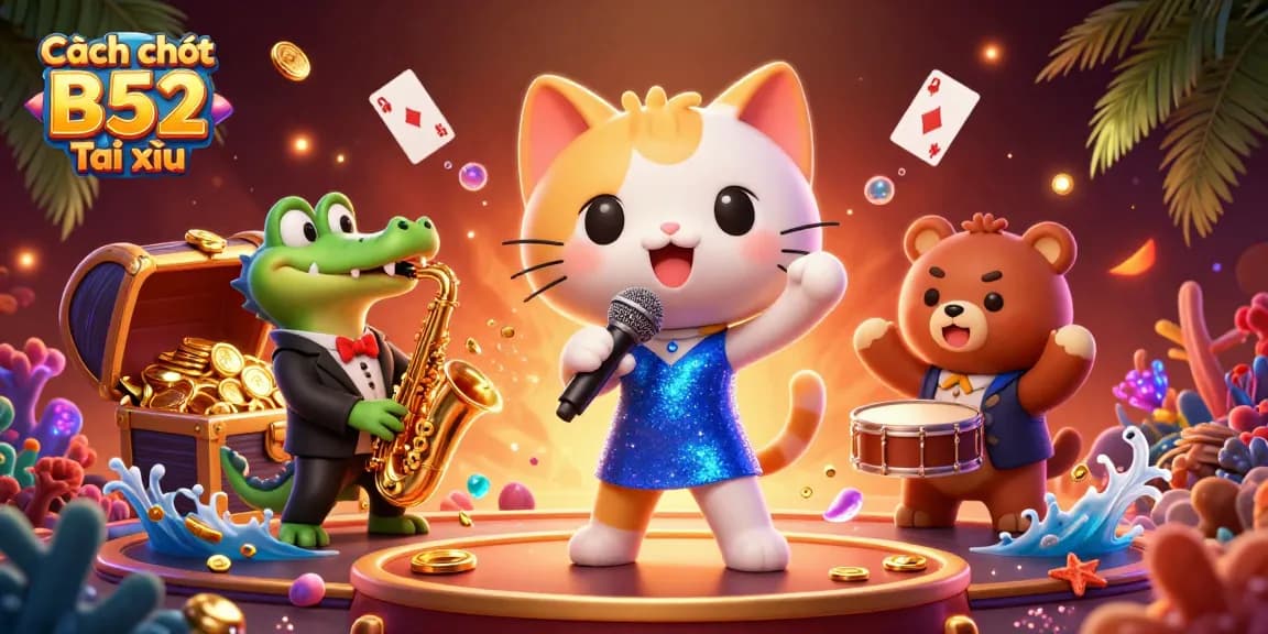 Cách chơi B52 Tài xỉu in vibrant casino-themed 3D scene with animated characters and dynamic decorations.