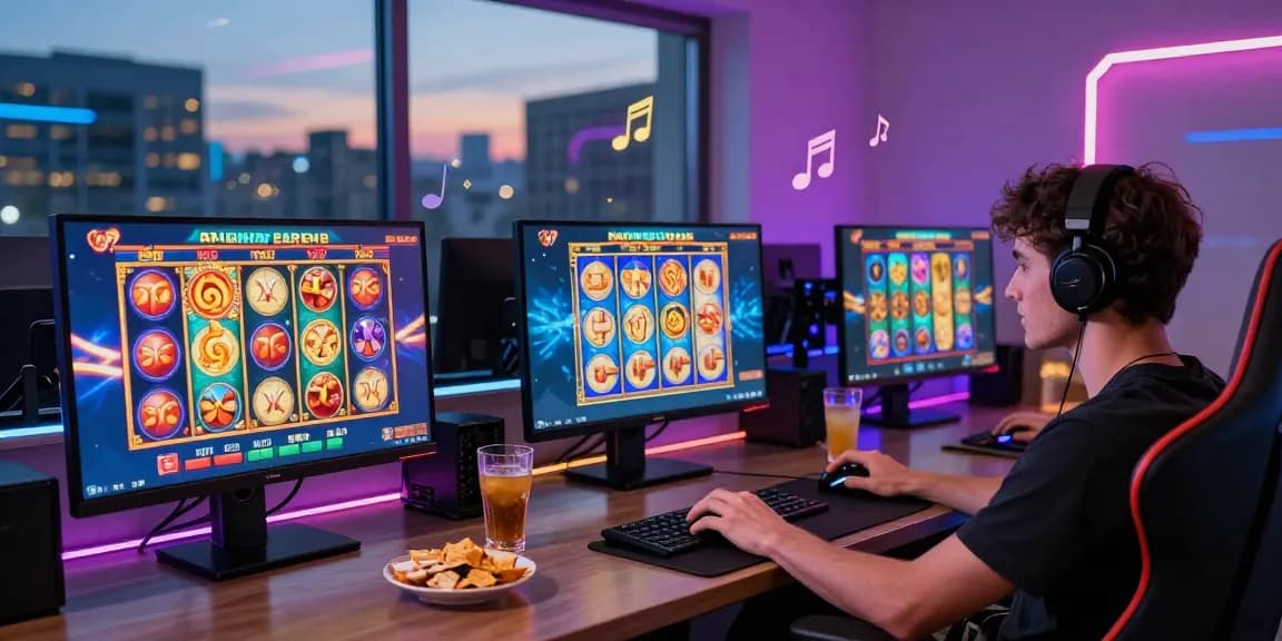 Engaging demo slot gaming scene with vibrant screens and enthusiastic player.