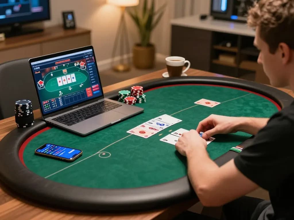 RR88 players strategizing at online poker table, showcasing engaged gameplay and cozy home setting