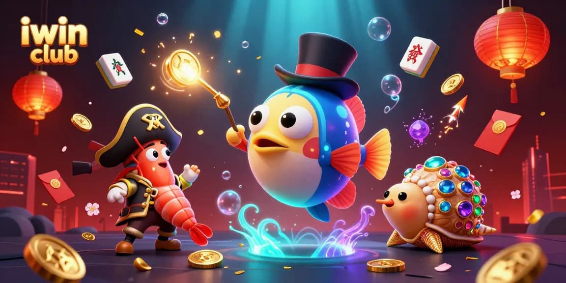 Engage and win with iwin club's exciting 3D characters attracting golden coins and festive game elements.