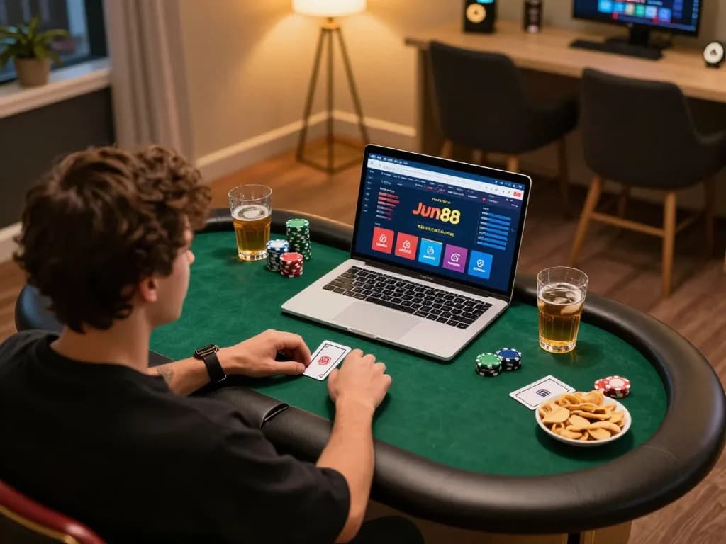Player enjoying poker on Jun88's online casino platform, showcasing strategic gameplay and a cozy setting.