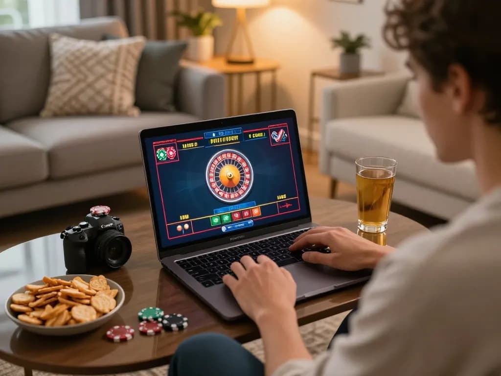 Engaging with mb88slot's live dealer roulette game at home, showcasing interactive gameplay.