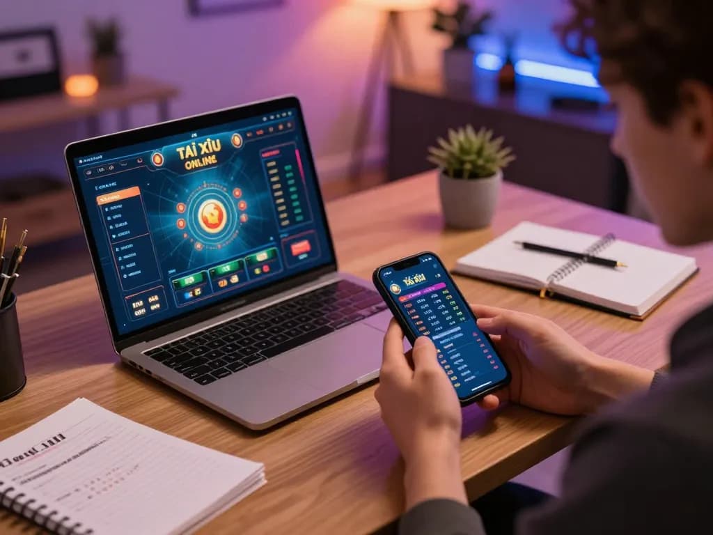 Tài xỉu online gameplay shown on a laptop with strategic notes for better betting