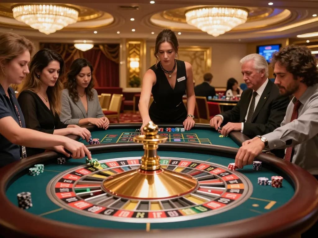 Players engaging at the kp88 roulette table with vibrant chips placed to bet in an upscale casino setting.
