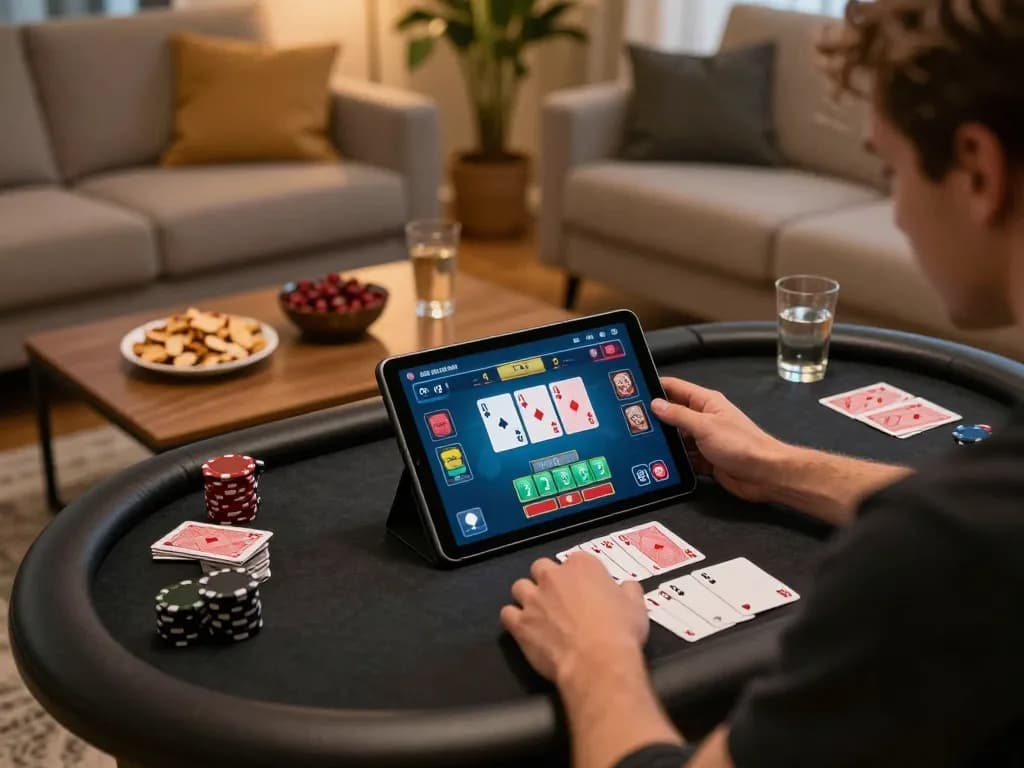 Player engaged in online poker at home while using the xx88 gaming app on a tablet, showcasing strategy in a cozy setting.