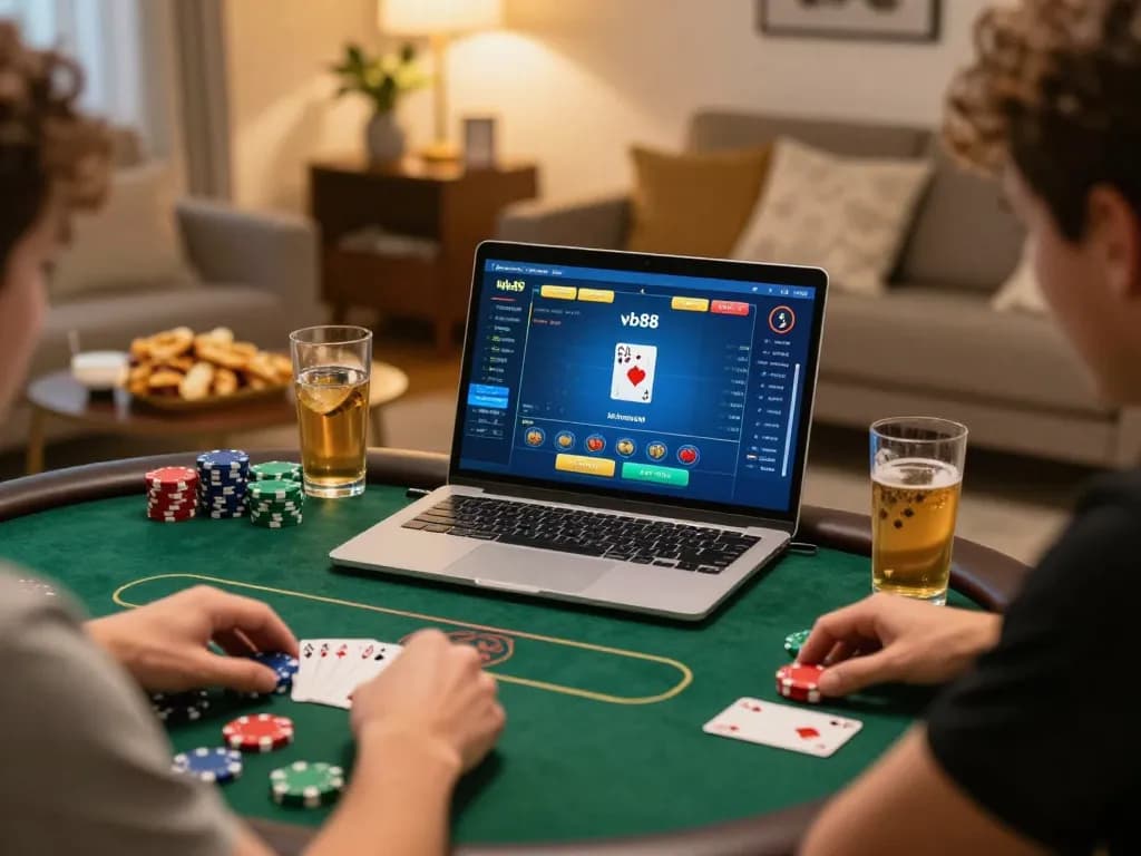 Engaged player winning at online poker with vb88, showcasing excitement and strategy in home setting.