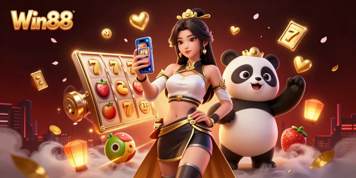 Win88 slot game scene featuring Asian woman and golden panda with vibrant symbols.