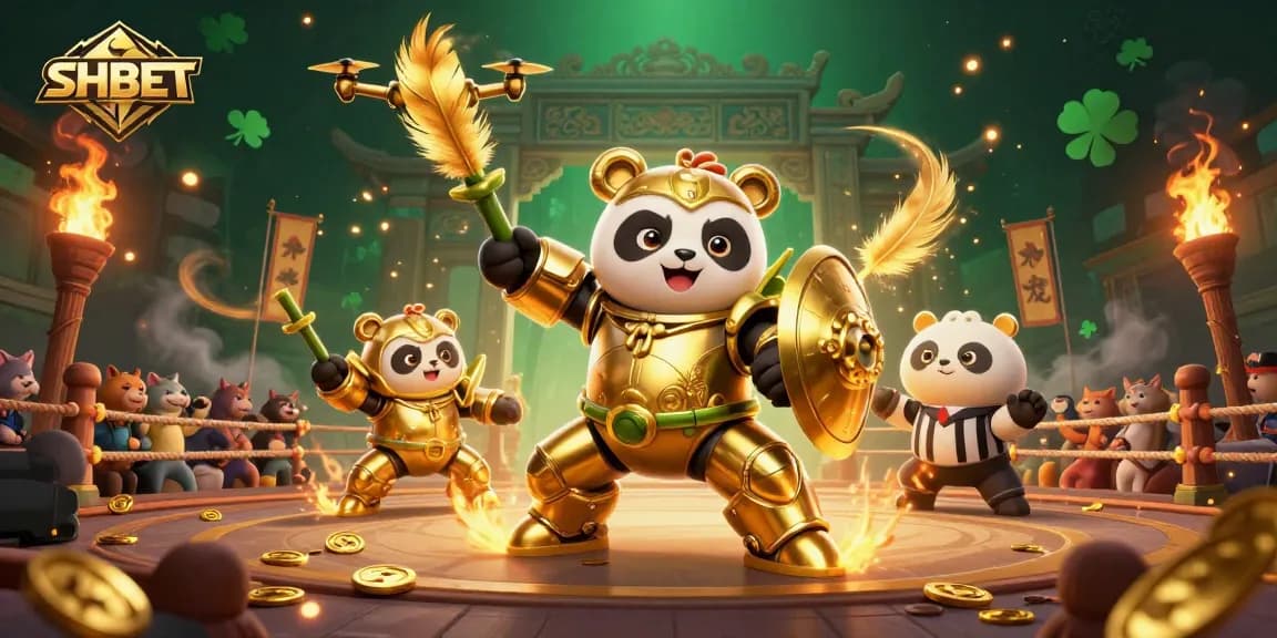 Experience excitement at SHBET with a lively 3D casino battle scene featuring unique characters and immersive gaming elements.