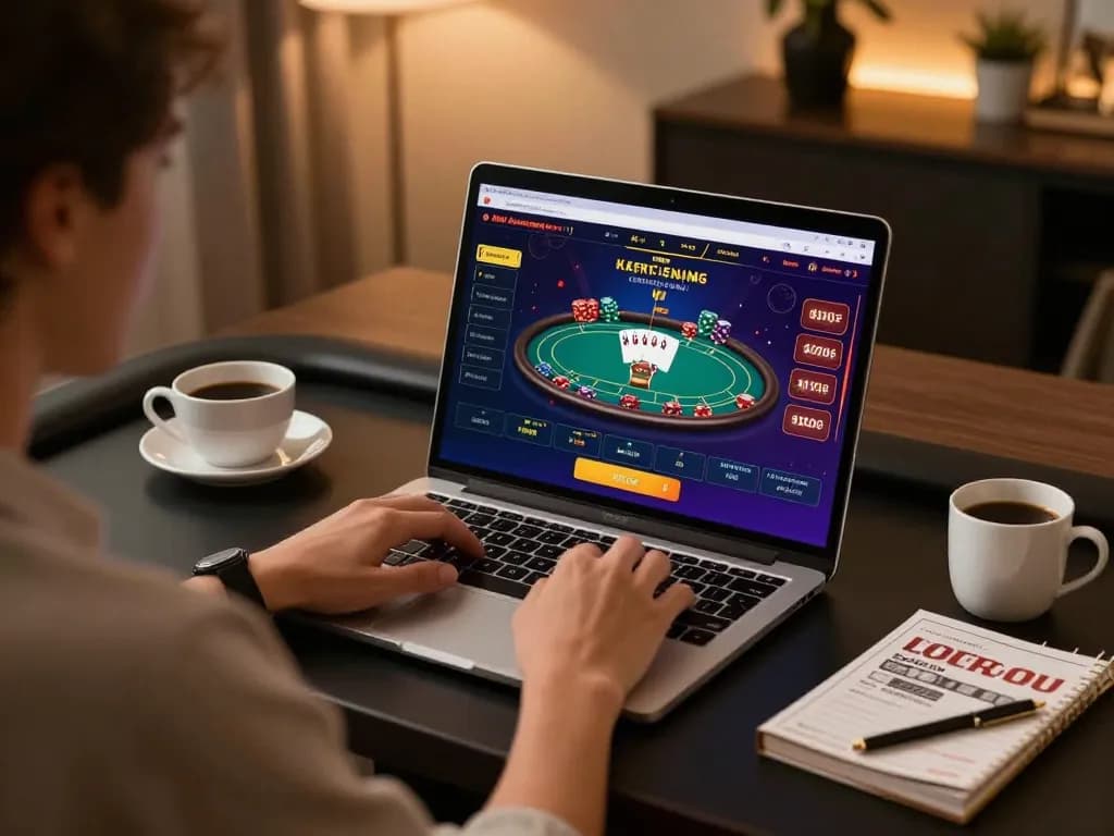 Person engaged in live online gaming on laptop, showcasing incakoin strategy within a cozy home office.