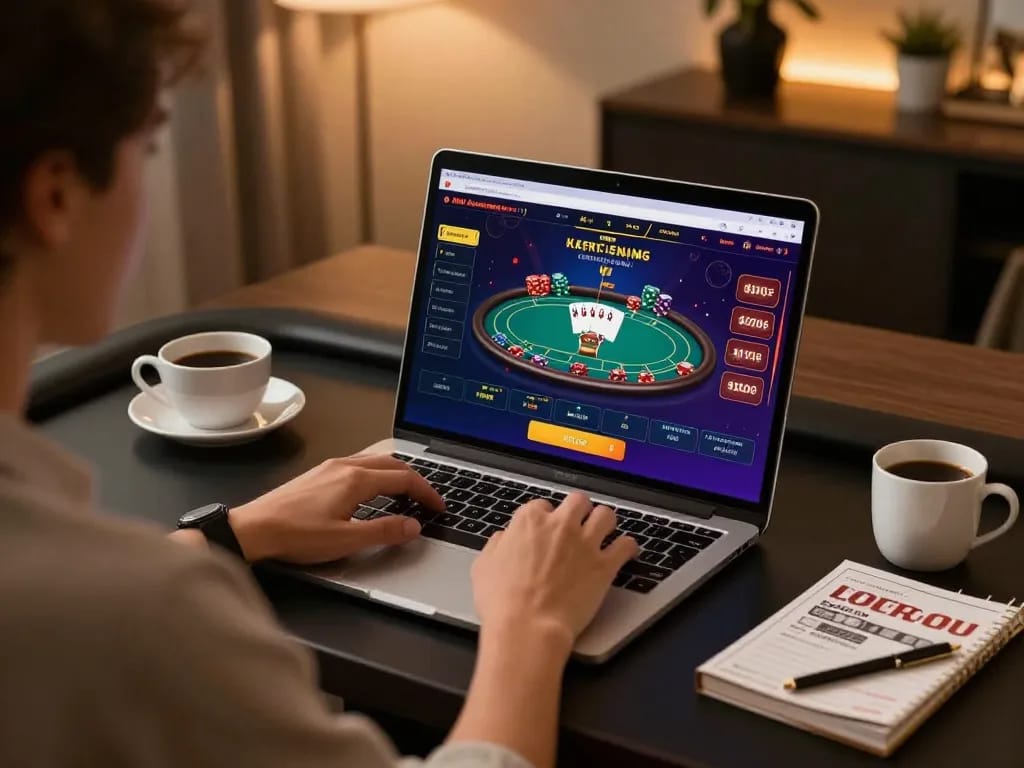 Person engaged in live online gaming on laptop, showcasing incakoin strategy within a cozy home office.