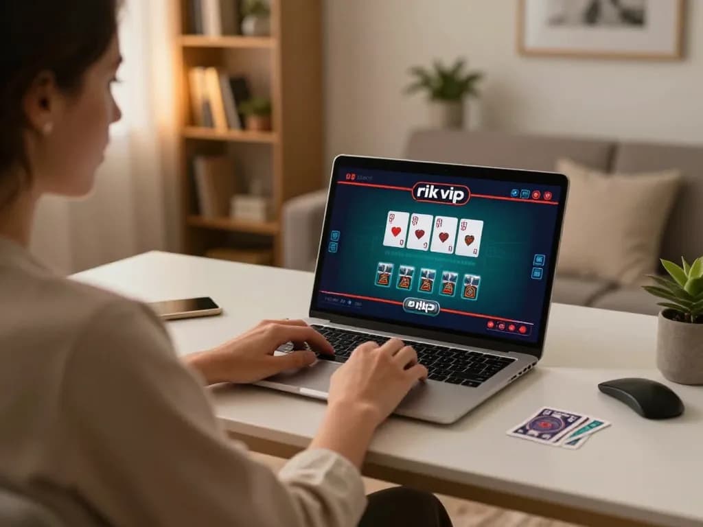 Engaging gameplay on rik vip's online blackjack with a user at a modern desk