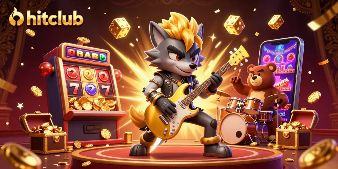 Hitclub's vibrant scene showcases an electrifying gaming atmosphere with lively characters and dynamic casino elements.