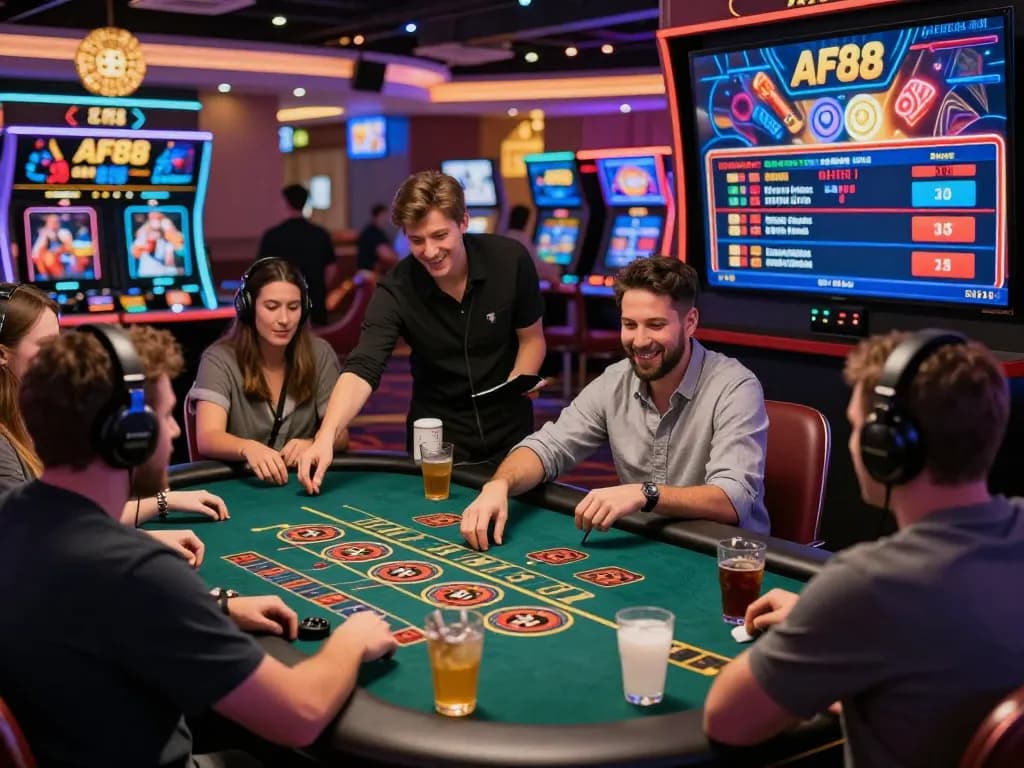 Diverse players enjoying af88 game in a vibrant online casino atmosphere with live dealers and gaming accessories.