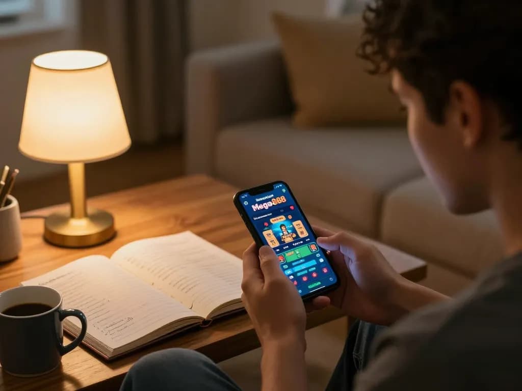 Mega888 gaming app displayed on smartphone in a cozy home setting, emphasizing strategic gaming.