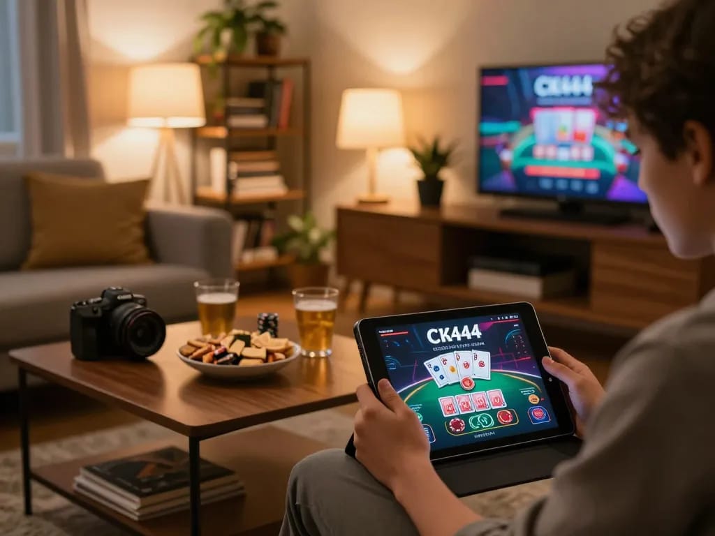 Player engaging in online gaming on CK444 with a tablet and snacks in a cozy home setting.