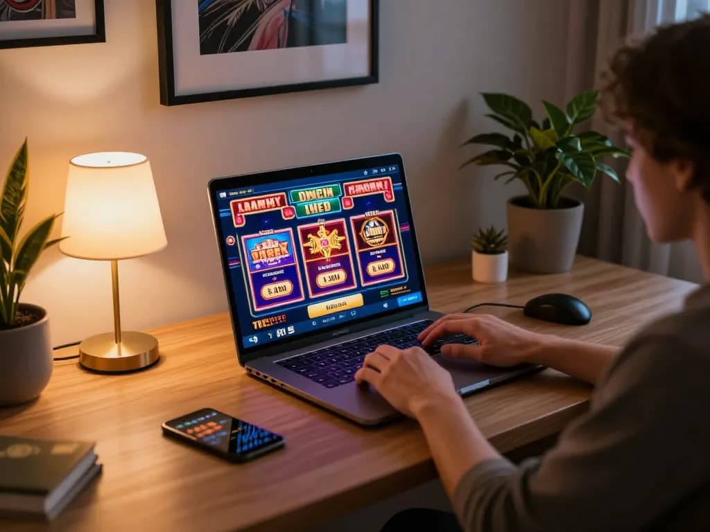 Engaging online gambling experience with uu88 playing slots on a laptop at home