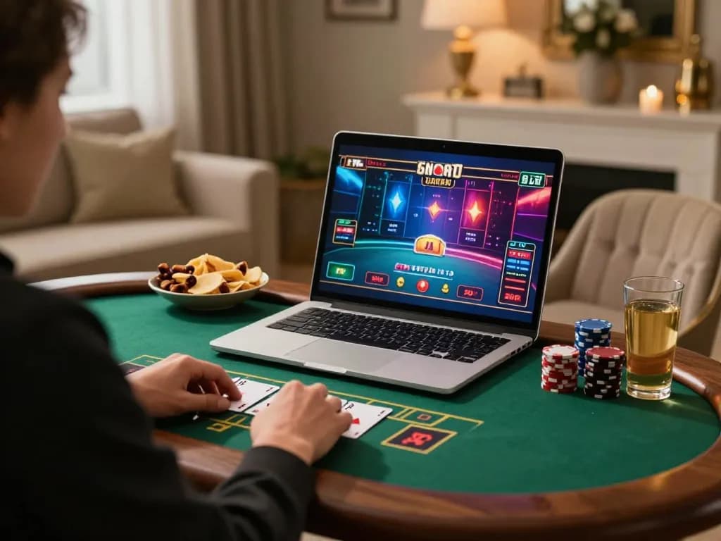 Engaging in live dealer blackjack online with n188vip at a cozy home setup, showcasing strategic gameplay.