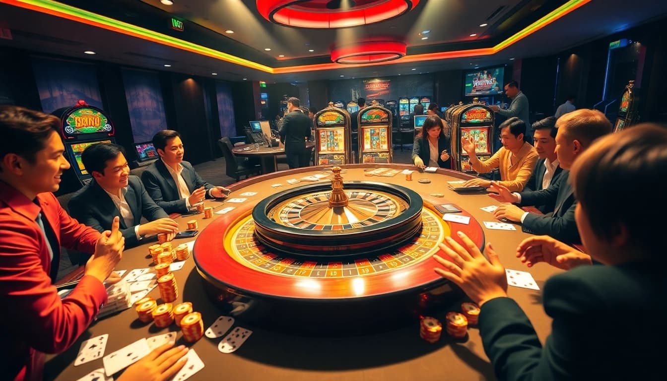 B52 casino players enjoying a luxurious roulette game surrounded by vibrant tables and poker chips.