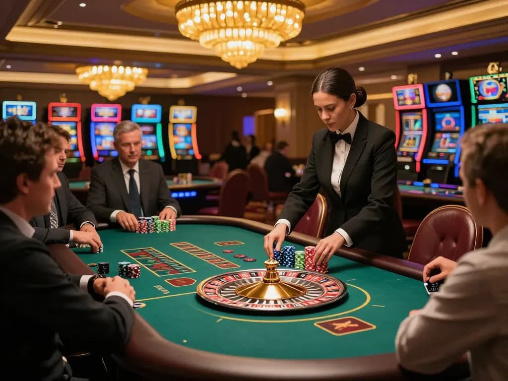 Players engaging in a thrilling roulette game at SC88, showcasing a vibrant casino atmosphere with a professional croupier in action