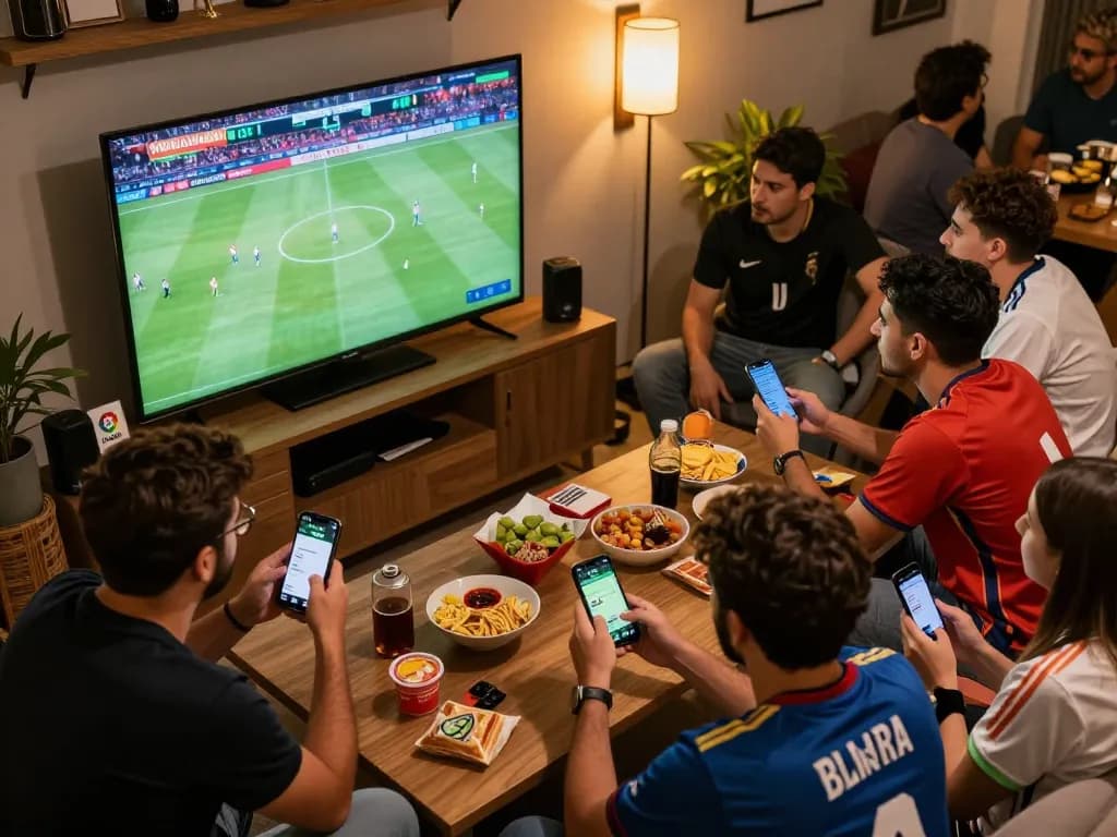 Tỷ Lệ Kèo La Liga betting scene with fans analyzing odds on smartphones during live match.