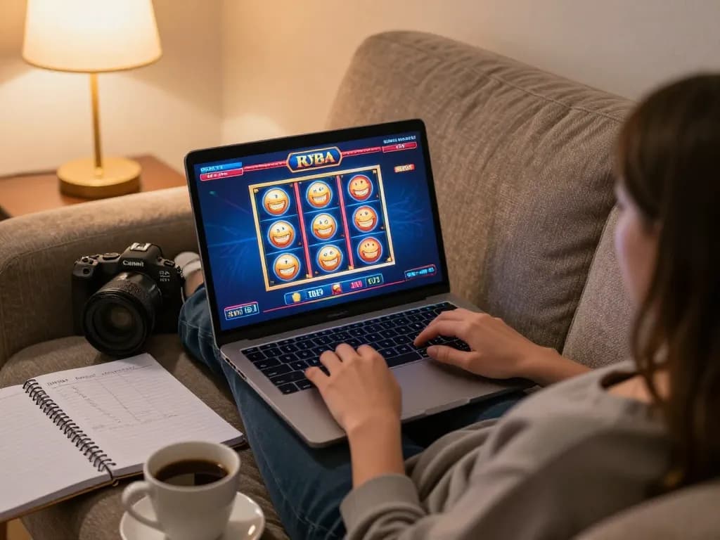 Engaging in online gaming at home with mb66 on a laptop, showcasing a user-friendly casino interface and strategic notes.