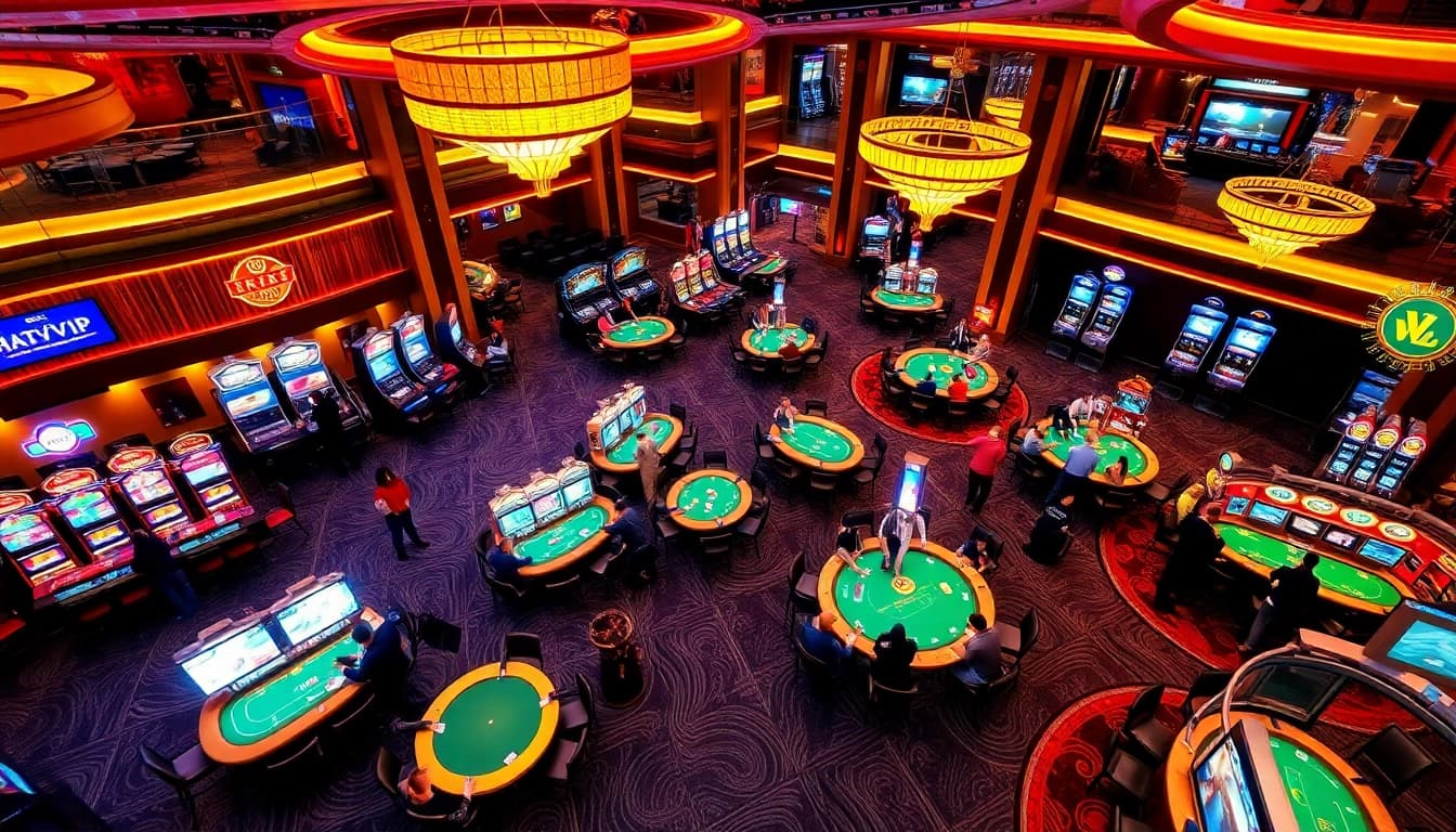 Nhatvip Club vibrant casino atmosphere with players enjoying games like blackjack and poker, showcasing luxury and excitement.