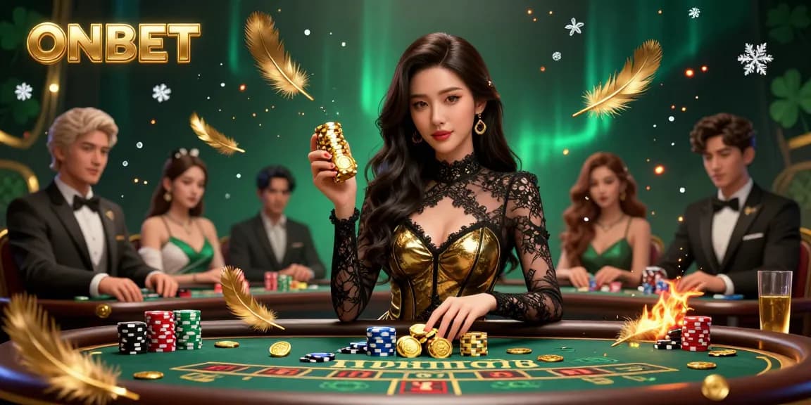 Join the thrilling ONBET experience at a high-stakes baccarat table with luxurious casino aesthetics.