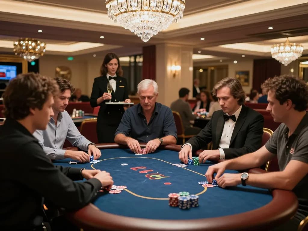 iWin players enjoying a high-stakes poker game in a luxurious VIP casino area