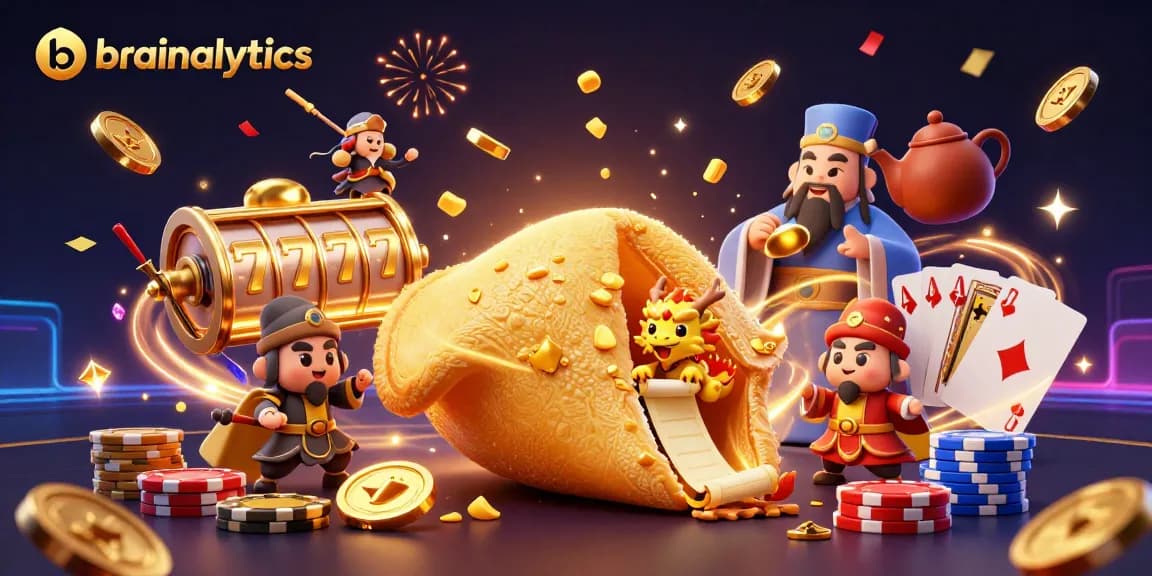 Spin the reels with brainalytics as golden fortune cookie characters bring luck to the table.