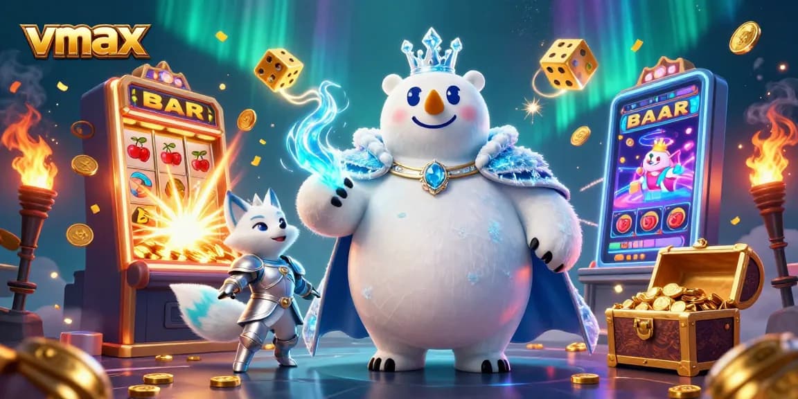 Experience thrilling gameplay at vmax casino with a dynamic scene of a victorious polar bear and fox companions.