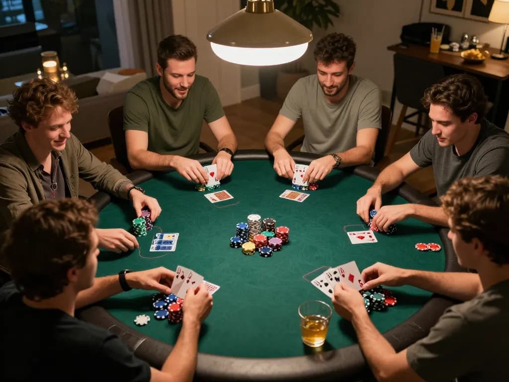 Players enjoying a thrilling game of poker at home, showcasing camaraderie and strategic thinking with situs idn poker elements in play.