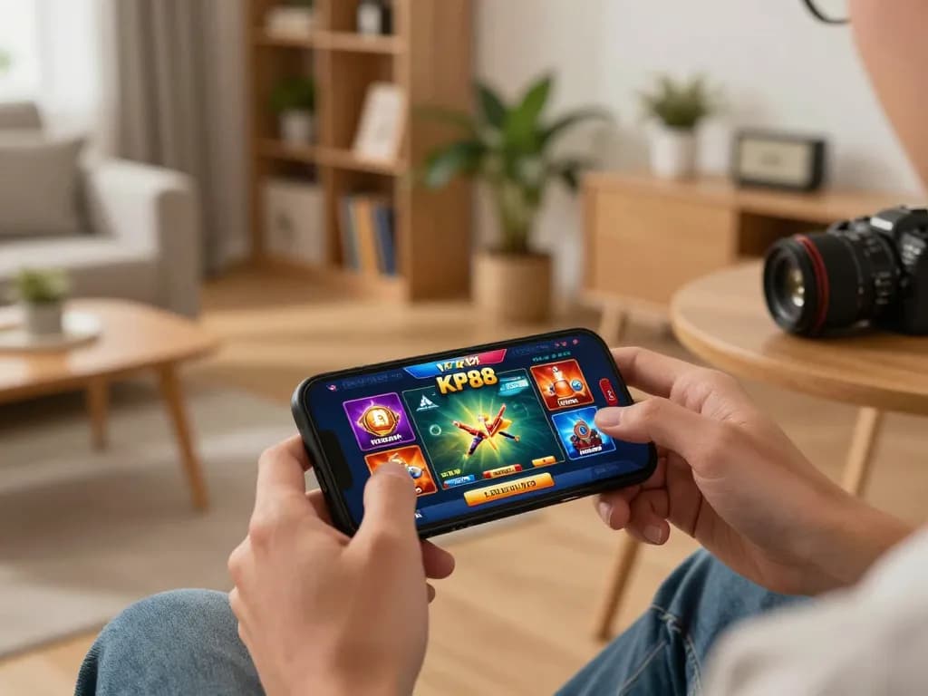 KP88 app user placing a bet on smartphone in a cozy home gaming setup.