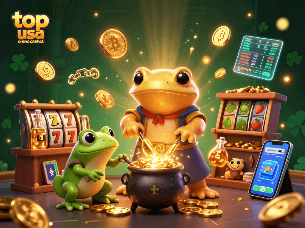 Explore top usa online casinos with 3D characters showcasing vibrant slot elements and cryptocurrency.
