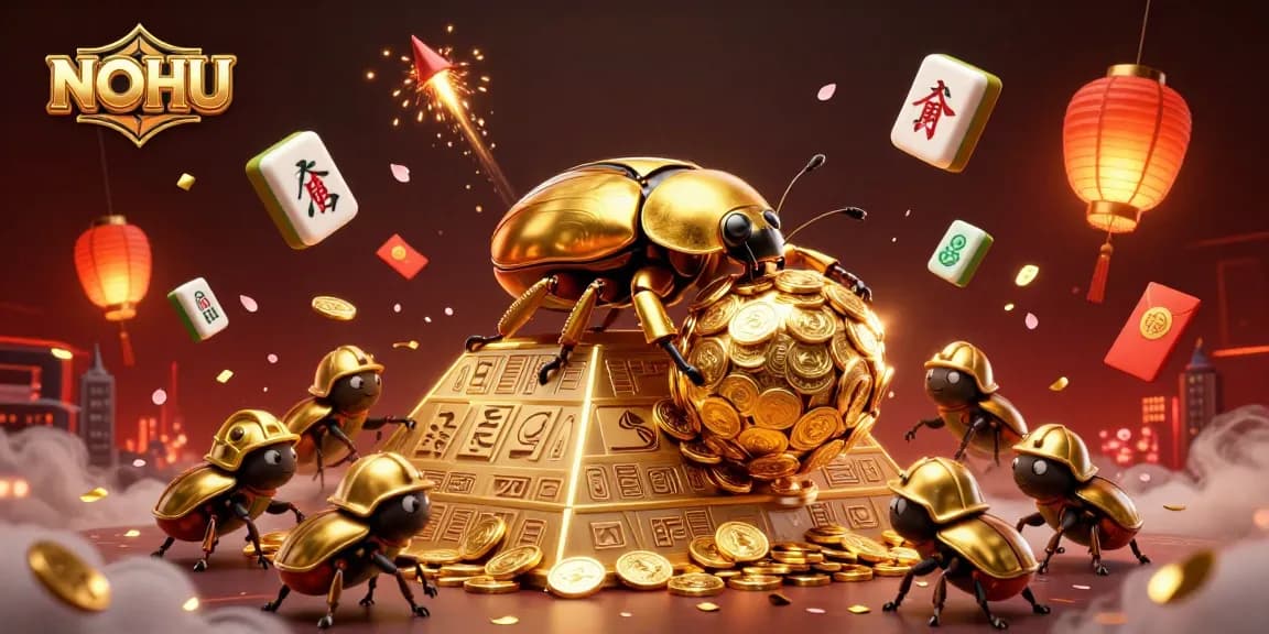 Experience the vibrant NOHU casino atmosphere with golden dung beetles navigating a treasure pyramid.