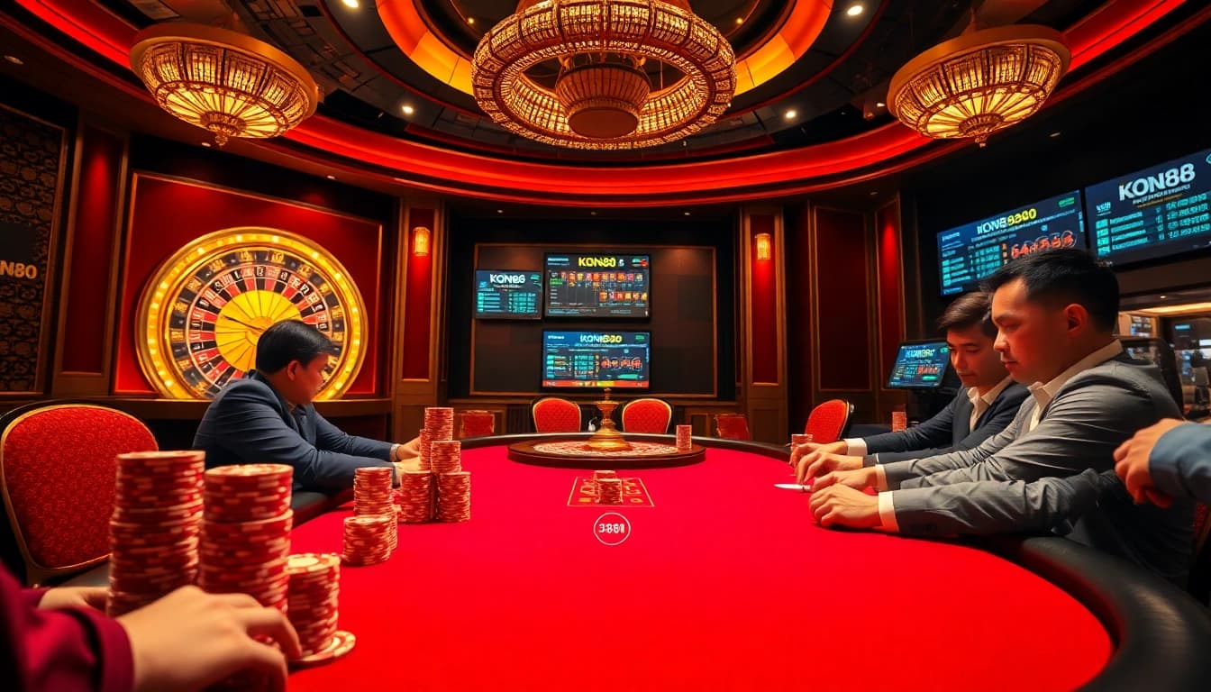 KONG88 engaging poker players at a luxurious casino table with vibrant chips and cards.