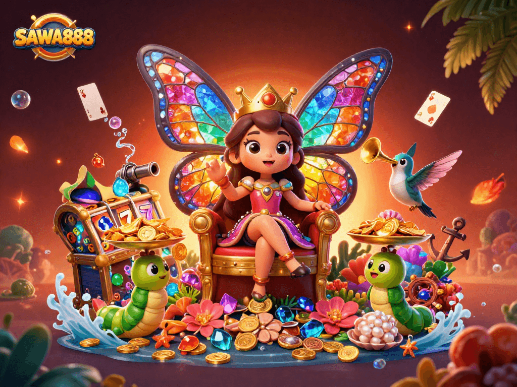 Engage with SAWA888's thrilling world of slots where the butterfly queen reigns supreme amidst golden treasures.