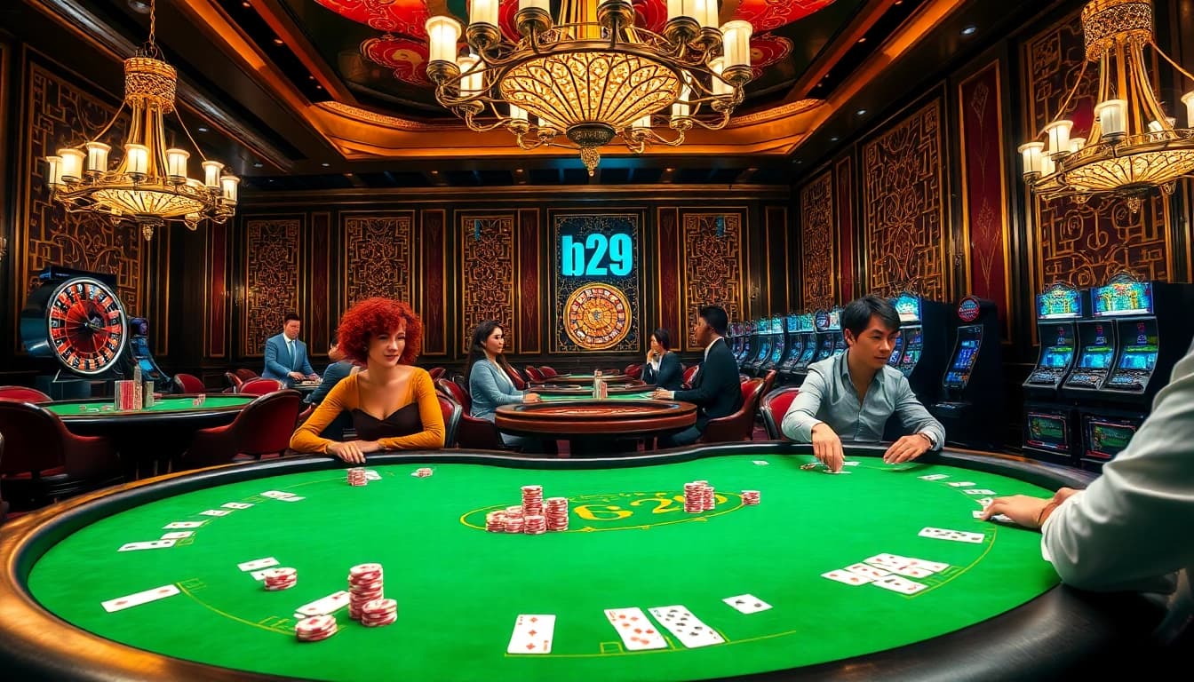 B29 poker players engaged in an exciting game at luxurious casino tables.