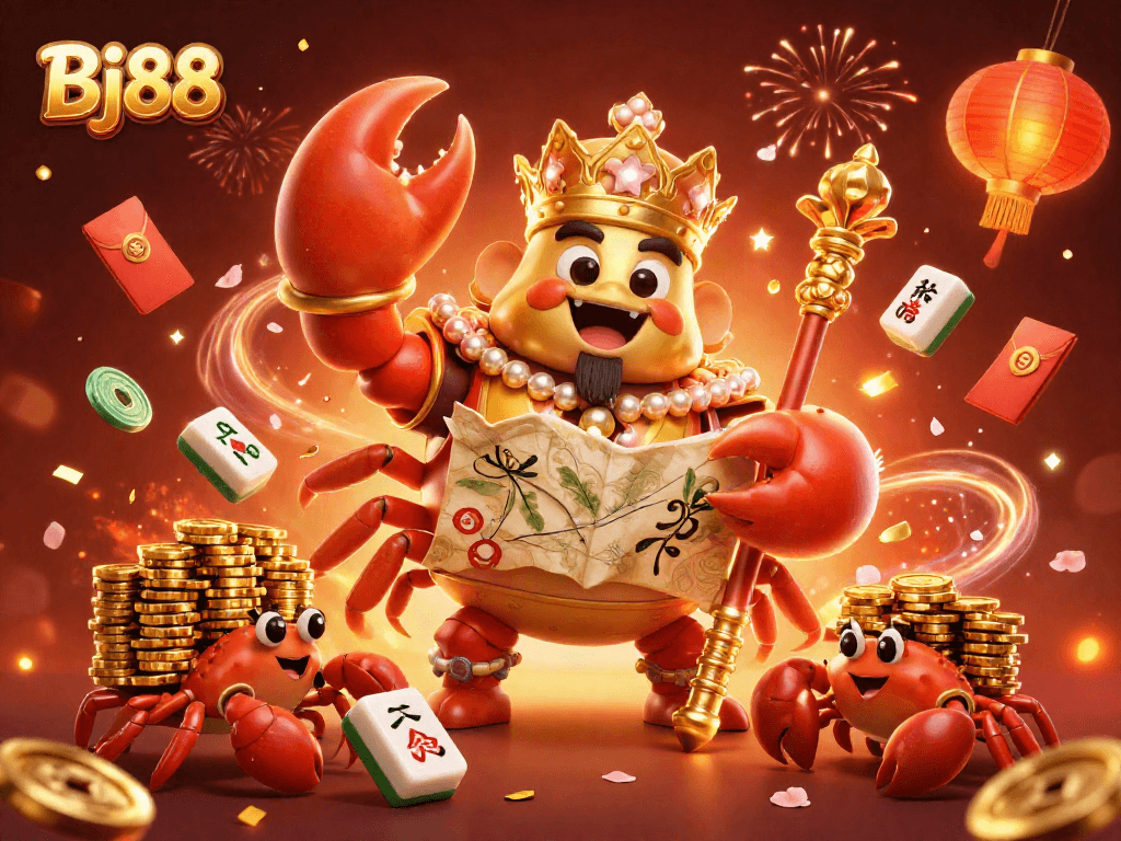 Bj88 illustrates a vibrant casino scene with a golden crab emperor, treasure map, and lucky elements.
